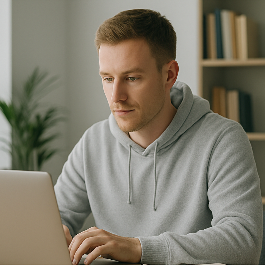 A developer working with content on a laptop